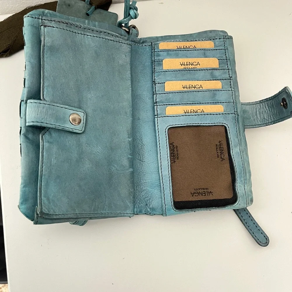 Vilenca Holland Woven Leather Wristlet Wallet  Blue Distressed Boho‎